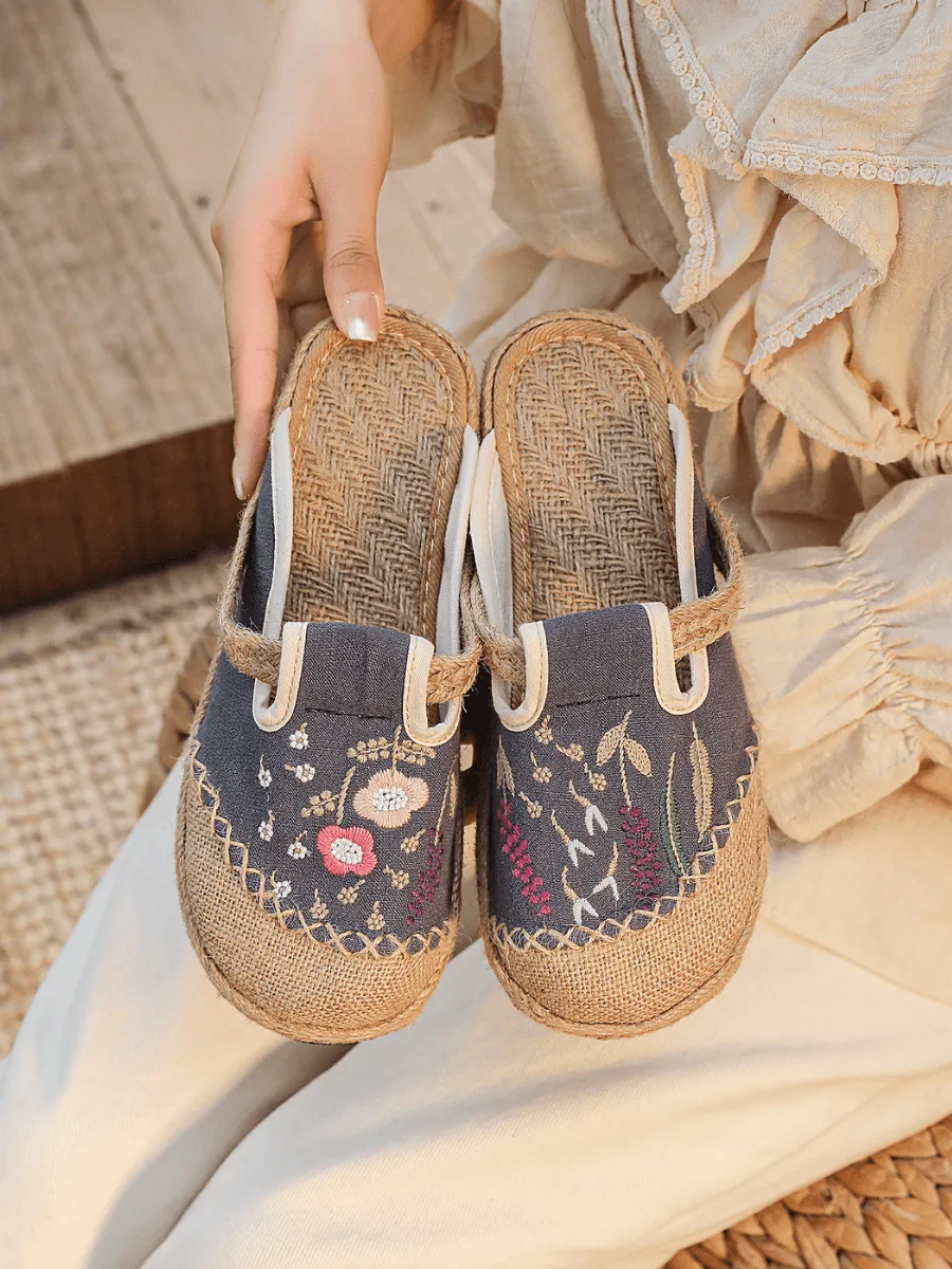 Blossom Wheat Embroidered Linen Mule - Grey