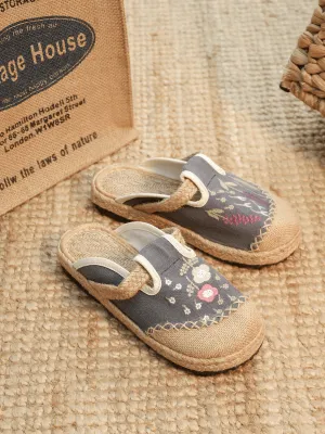 Blossom Wheat Embroidered Linen Mule - Grey