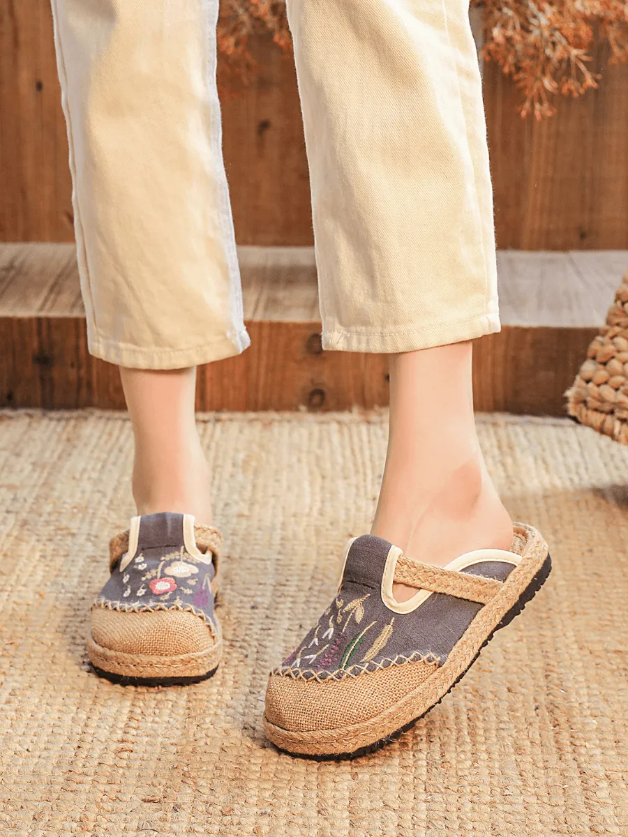 Blossom Wheat Embroidered Linen Mule - Grey