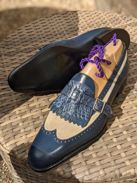 Blue Italian Alligator Leather And Beige Libraria Tassel Loafers With Monk Strap - Loafers Shoes - LM2