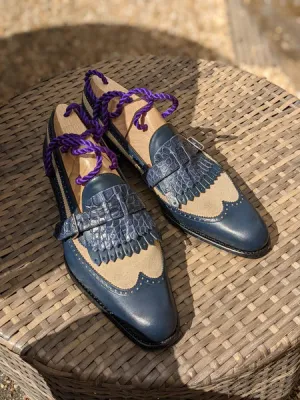 Blue Italian Alligator Leather And Beige Libraria Tassel Loafers With Monk Strap - Loafers Shoes - LM2