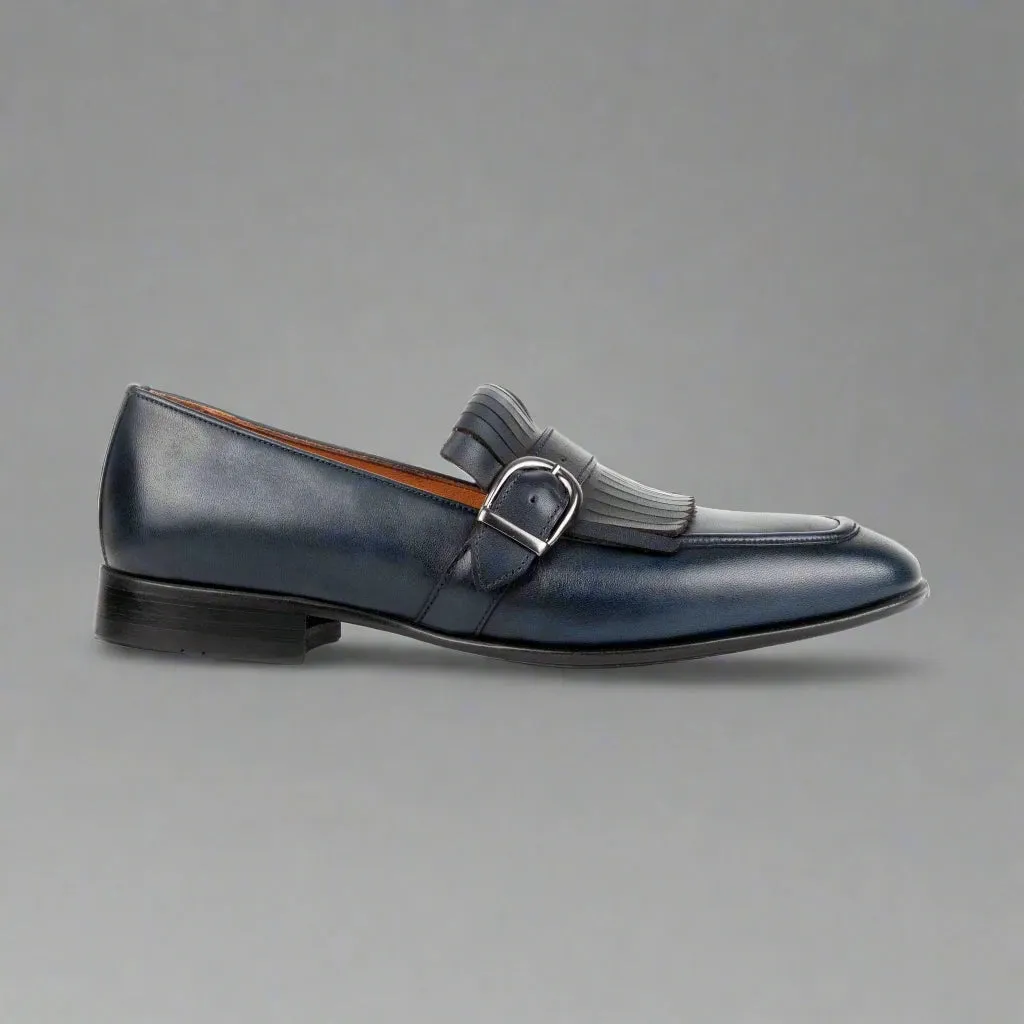 Blue Italian Leather Lysandra Tassel Loafers With Monk Strap - Loafers Shoes