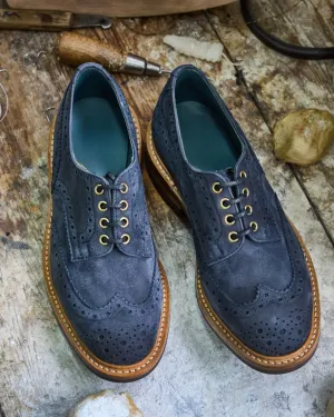 Blue Italian Suede Leather Brogue Wingtip Goodyear Welted Oxfords - Formal Shoes