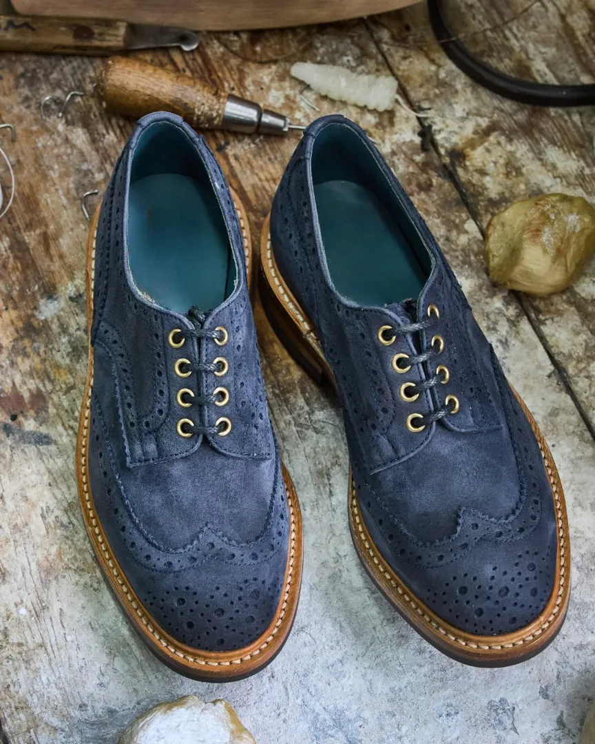 Blue Italian Suede Leather Brogue Wingtip Goodyear Welted Oxfords - Formal Shoes