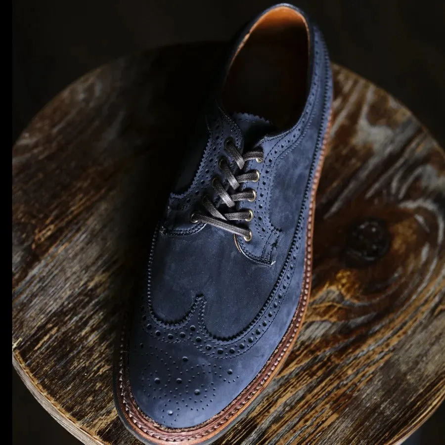 Blue Italian Suede Leather Brogue Wingtip Goodyear Welted Oxfords - Formal Shoes