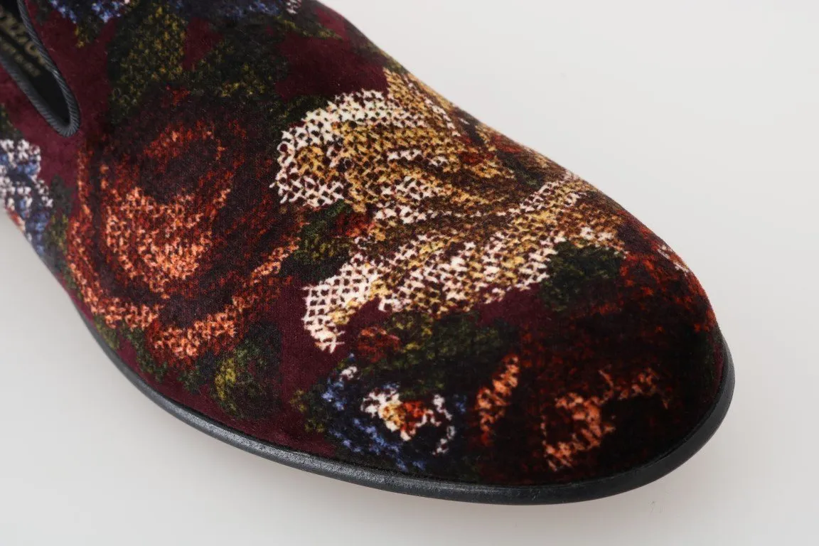 Bordeaux Floral Print Velvet Loafers