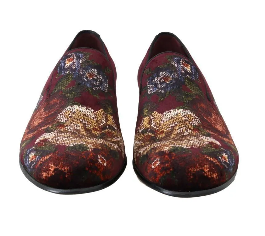 Bordeaux Floral Print Velvet Loafers