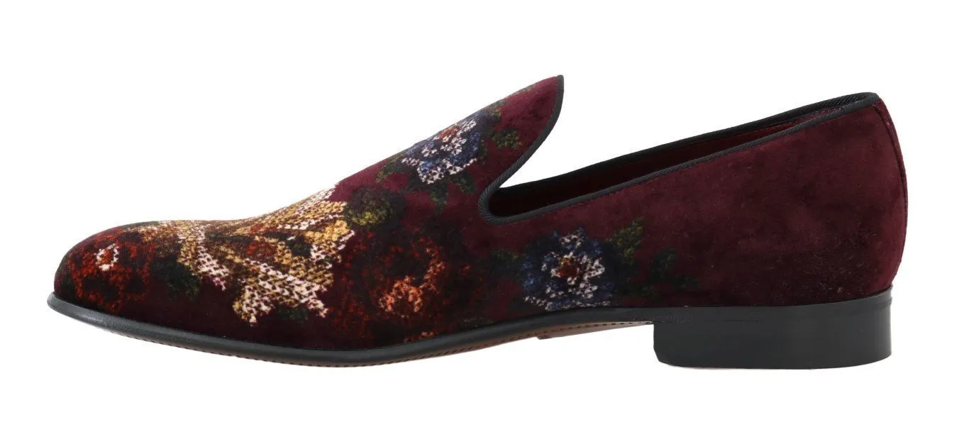 Bordeaux Floral Print Velvet Loafers