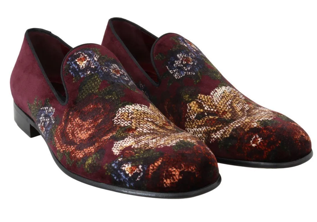 Bordeaux Floral Print Velvet Loafers