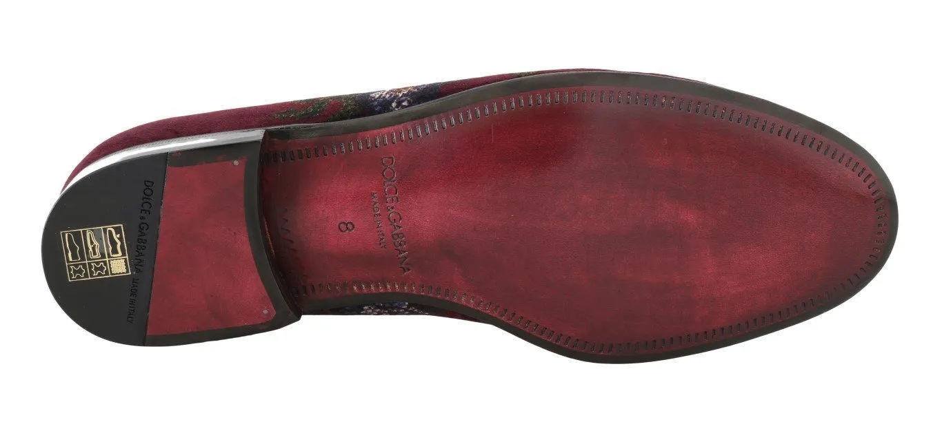 Bordeaux Floral Print Velvet Loafers