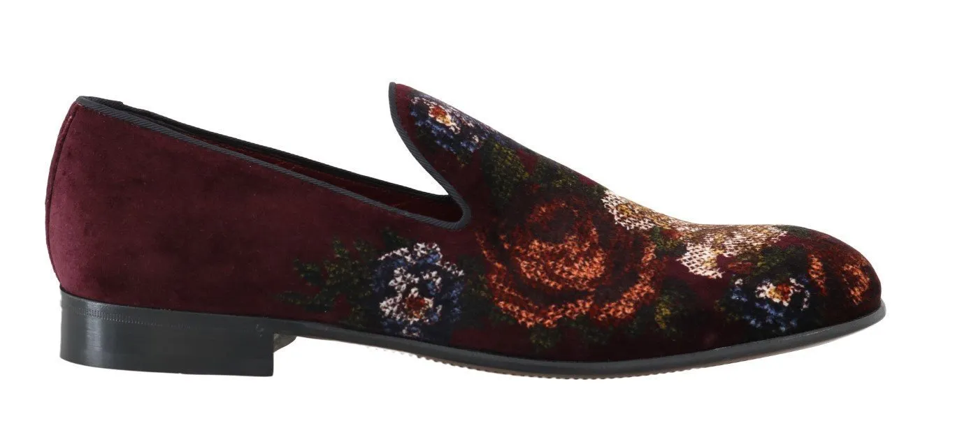 Bordeaux Floral Print Velvet Loafers