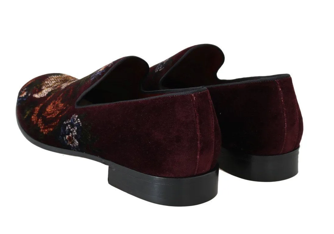 Bordeaux Floral Print Velvet Loafers