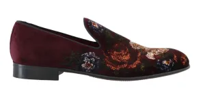 Bordeaux Floral Print Velvet Loafers