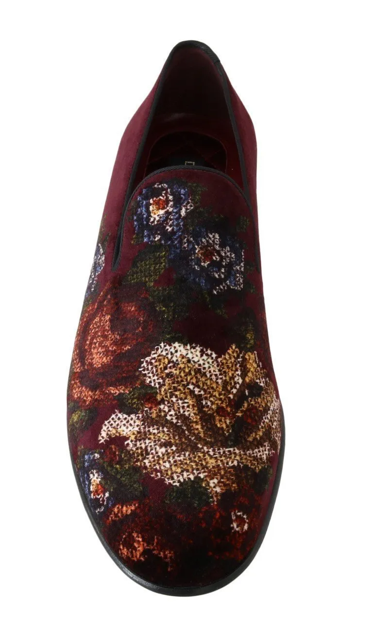 Bordeaux Floral Print Velvet Loafers