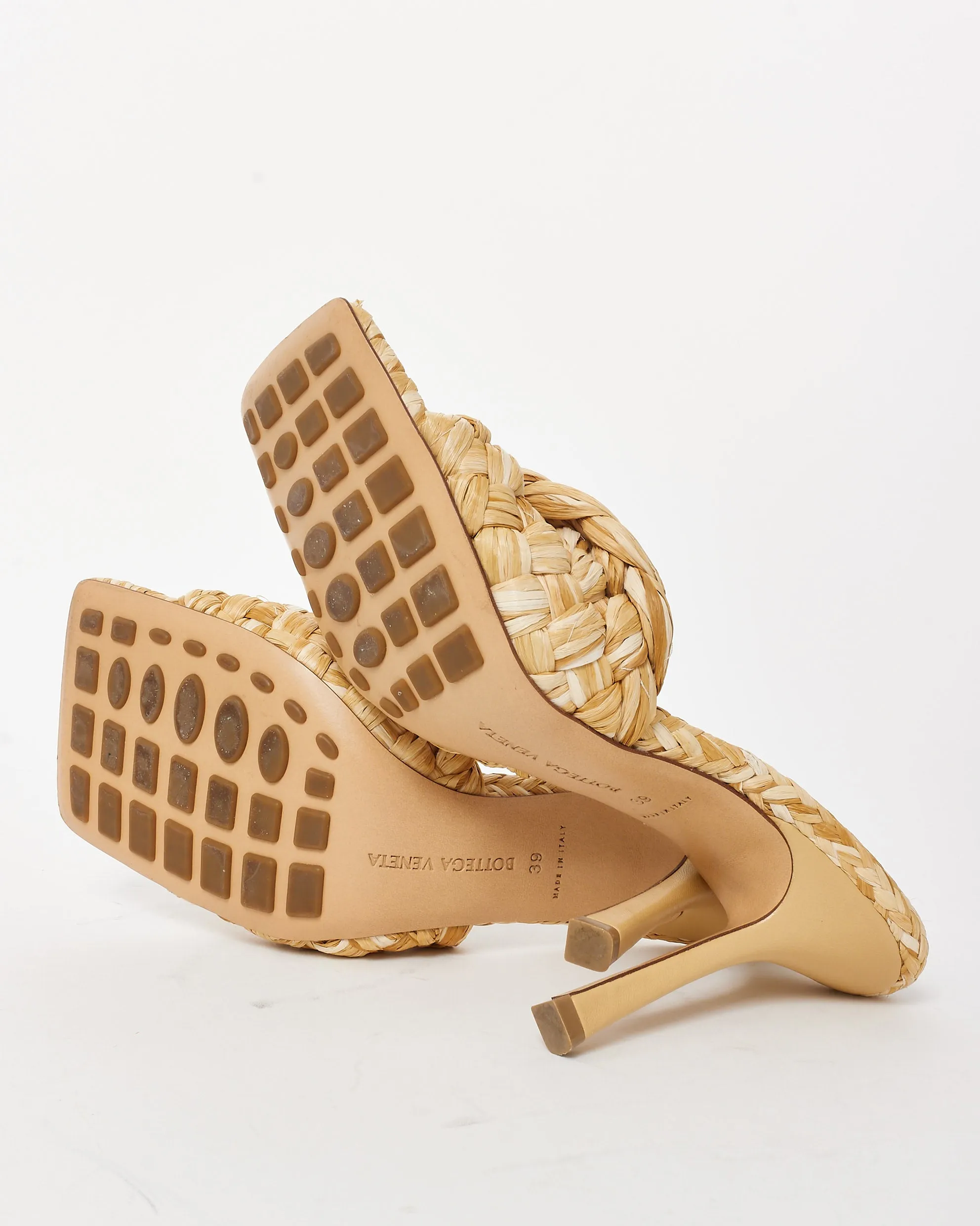 Bottega Beige Raffia Stretch Heeled Mules - 39