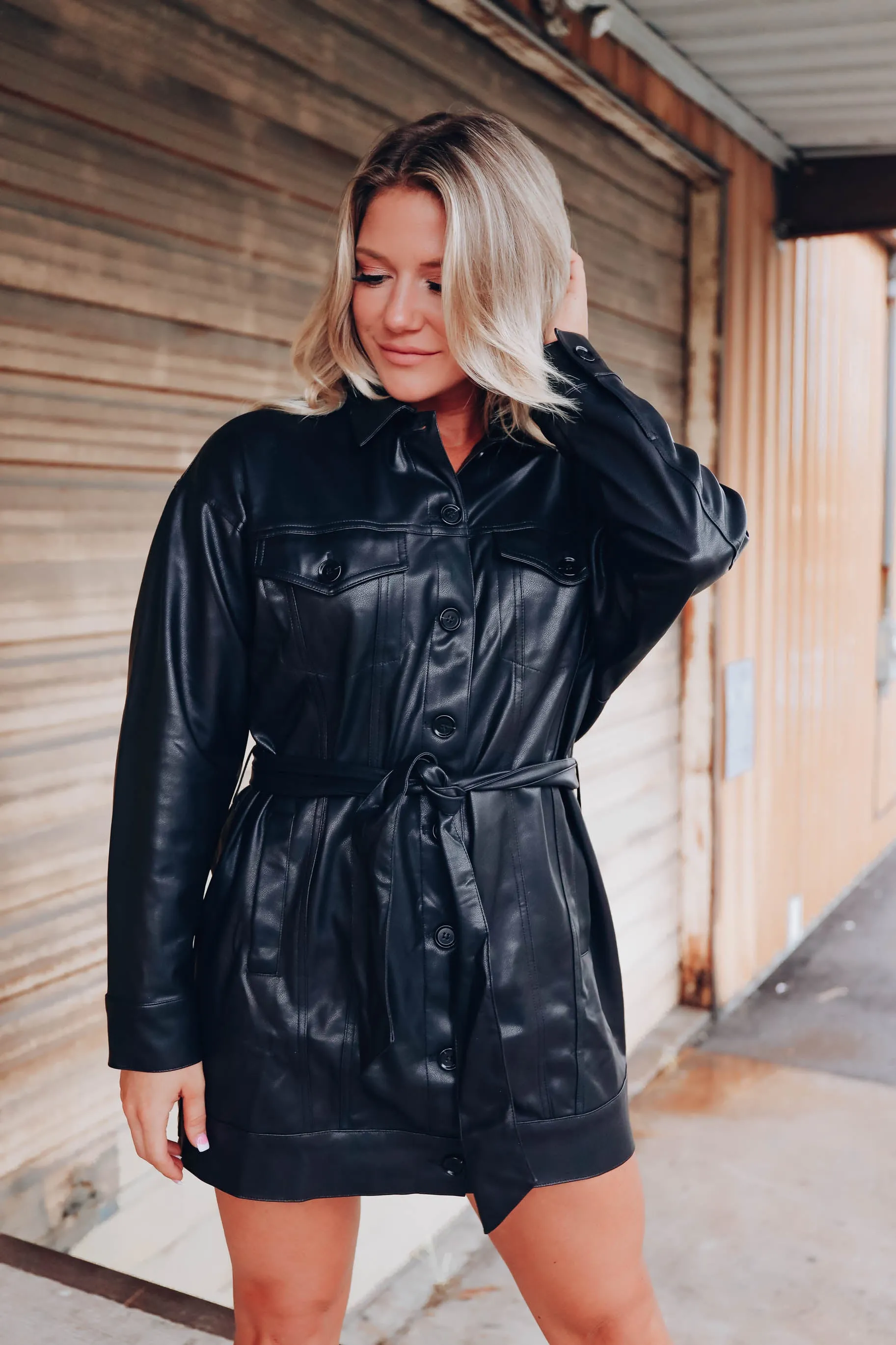 Broadway Belted Faux Leather Coat - Black