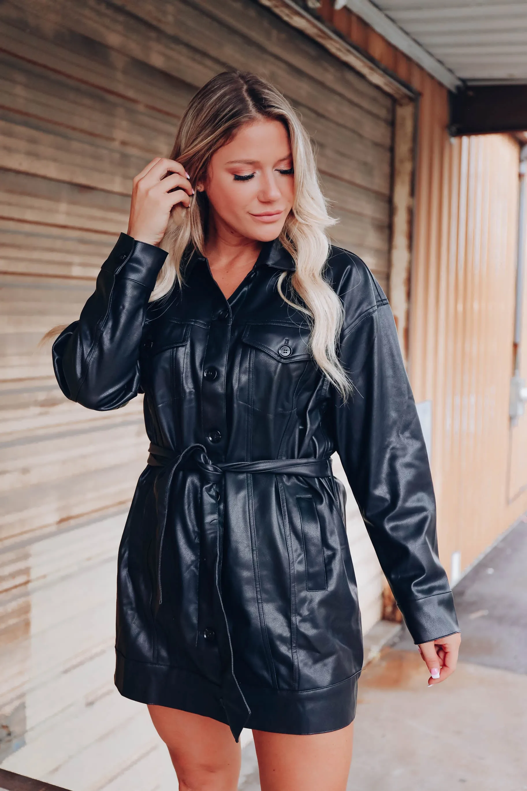 Broadway Belted Faux Leather Coat - Black