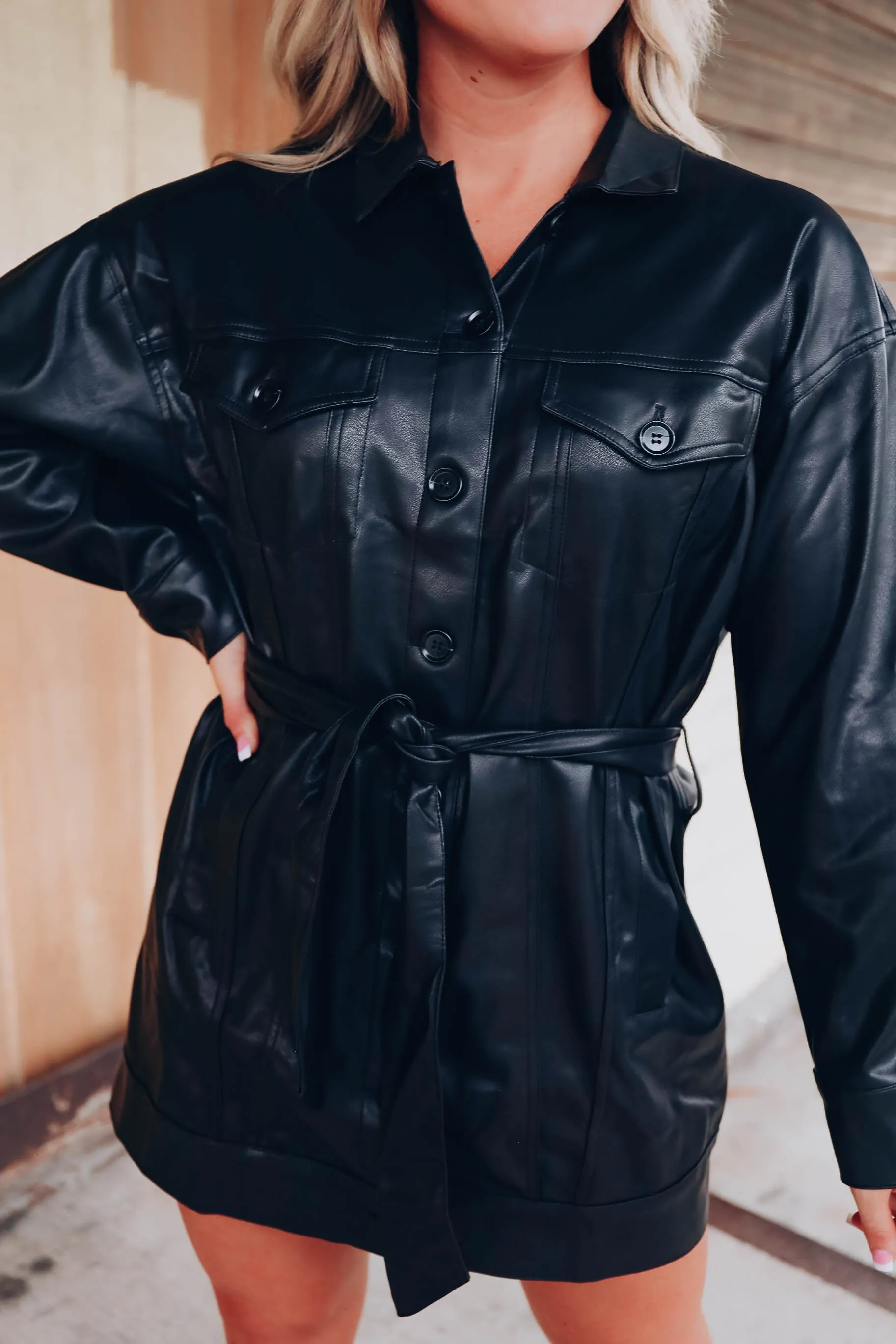 Broadway Belted Faux Leather Coat - Black