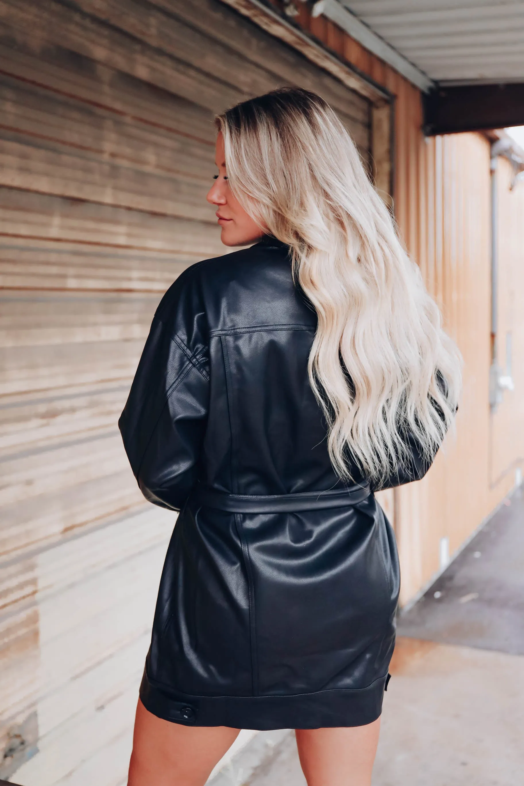 Broadway Belted Faux Leather Coat - Black