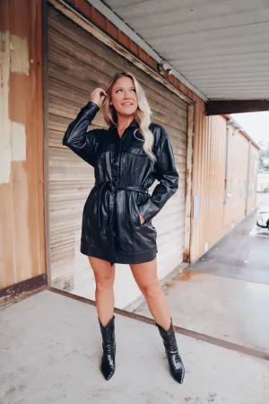 Broadway Belted Faux Leather Coat - Black