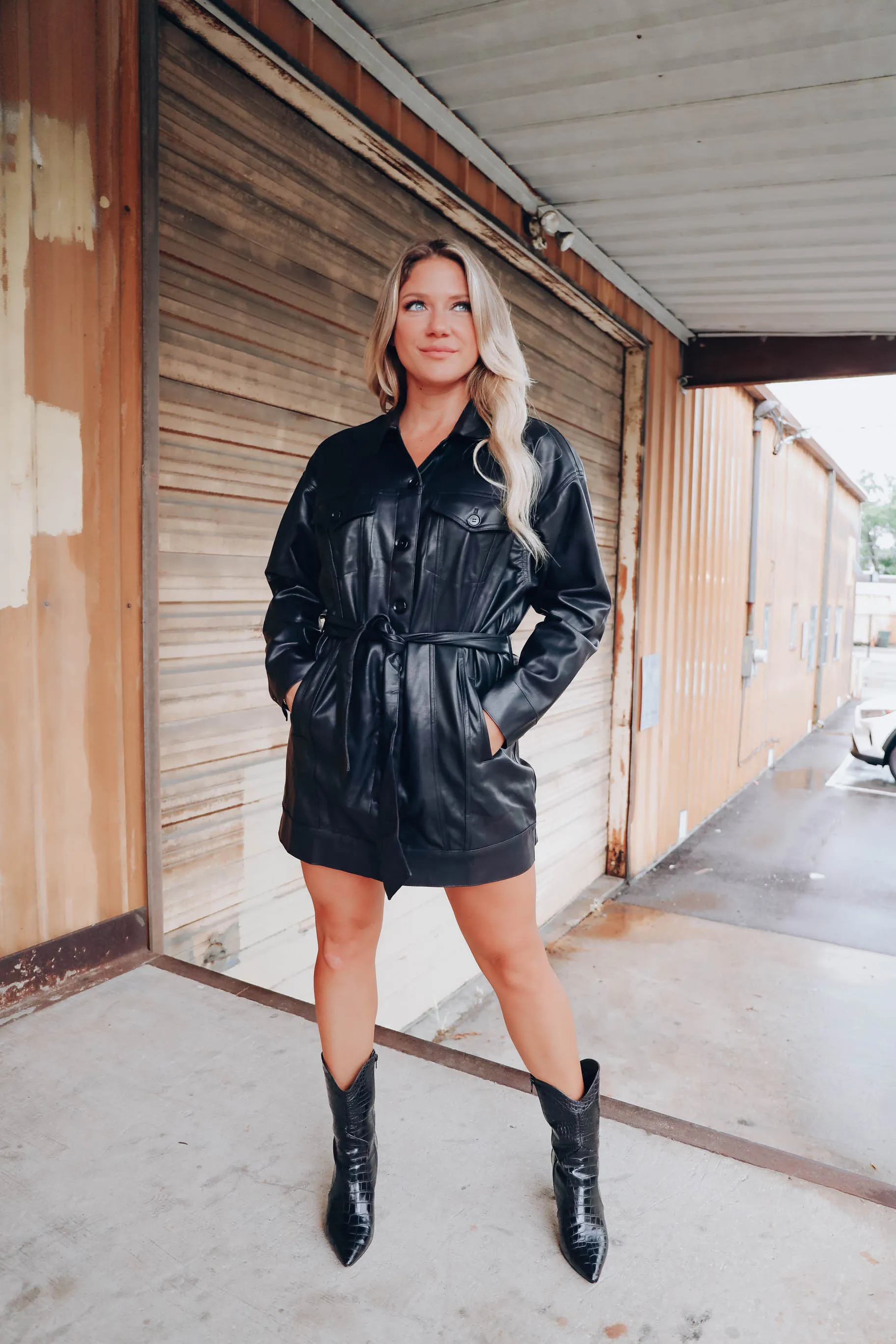Broadway Belted Faux Leather Coat - Black