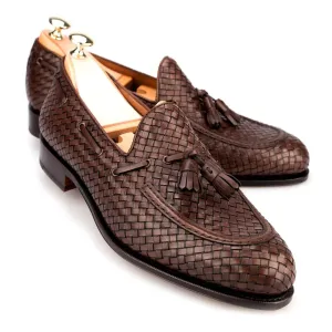 Brown Hand Woven Braided Leather Acton Tassel Loafers - Loafers Shoes