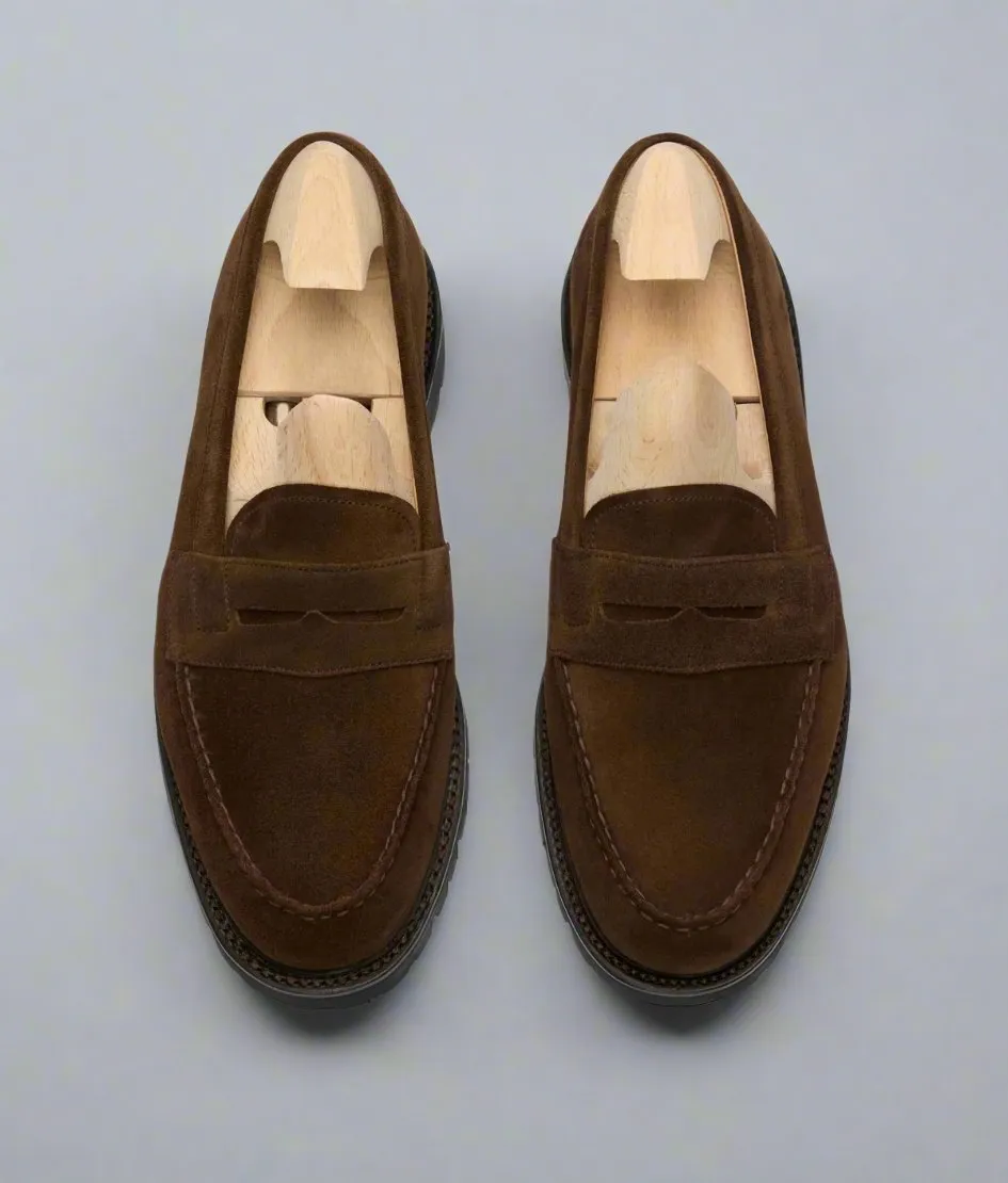 Brown Suede Belize Chunky Penny Loafers - With Track Soles - Loafers Shoes