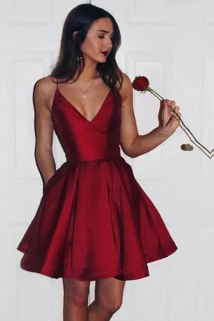 Burgundy Cute Simple Spaghetti Straps Homecoming Dress Party Dress TN125