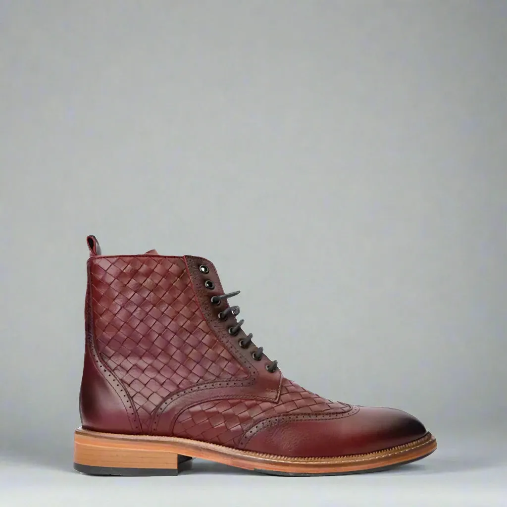 Burgundy Leather Braided Barletta Lace Up Brogue Wingtip Oxford Boots - Boots