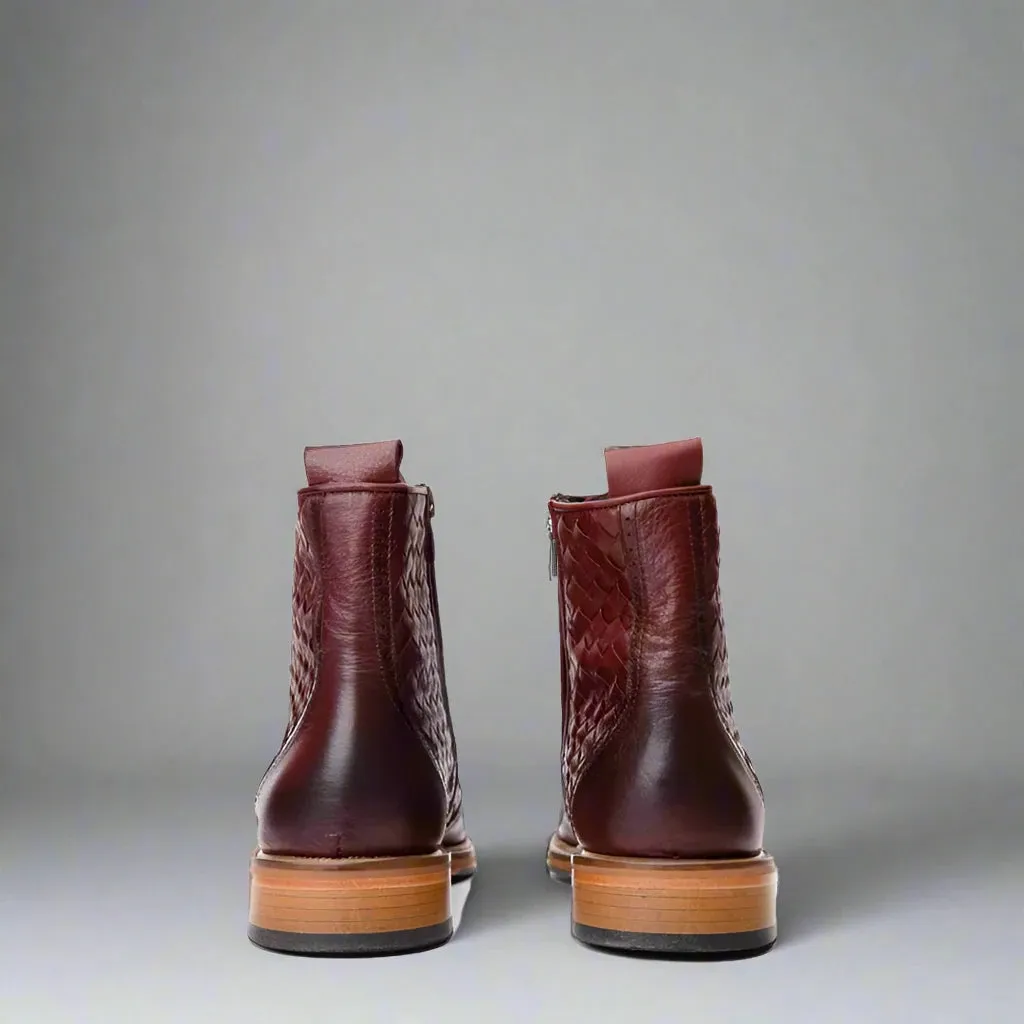 Burgundy Leather Braided Barletta Lace Up Brogue Wingtip Oxford Boots - Boots