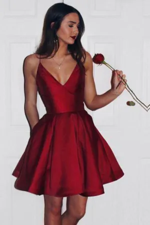 Burgundy Short Cute Simple Spaghetti Straps Homecoming Dresses OK201