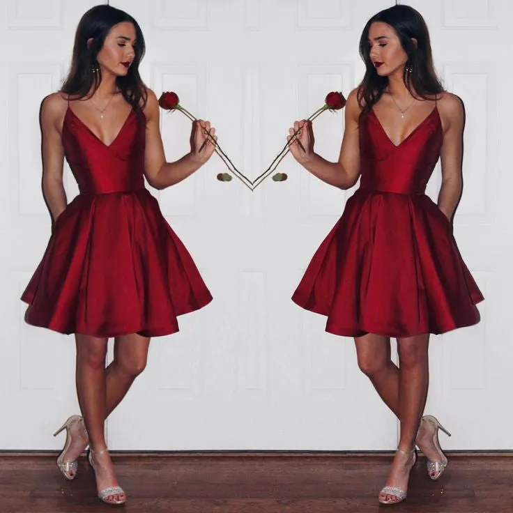 Burgundy Short Cute Simple Spaghetti Straps Homecoming Dresses OK201