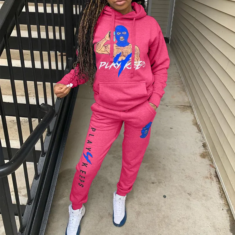 Casual Hooded Collar Print Two Piece Pants Set