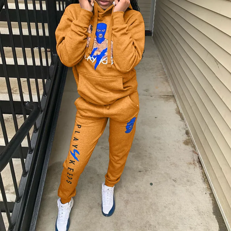 Casual Hooded Collar Print Two Piece Pants Set