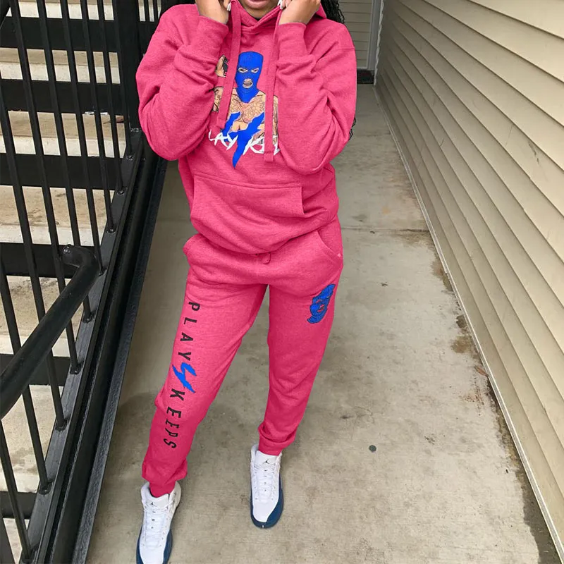 Casual Hooded Collar Print Two Piece Pants Set