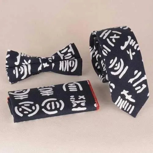 Casual Oracle Calligraphy Pattern Tie Pocket Square Bow Tie - Purplish Blue