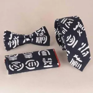 Casual Oracle Calligraphy Pattern Tie Pocket Square Bow Tie - Purplish Blue