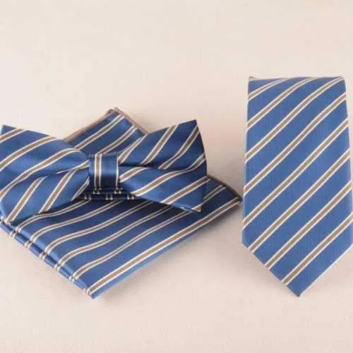 Casual Striped Tie Pocket Square Bow Tie - Light Blue