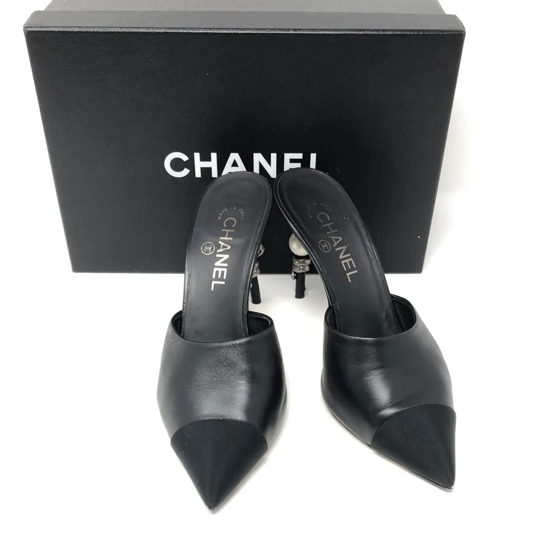 Chanel Black Leather Mules with Snake and Pearl Heel