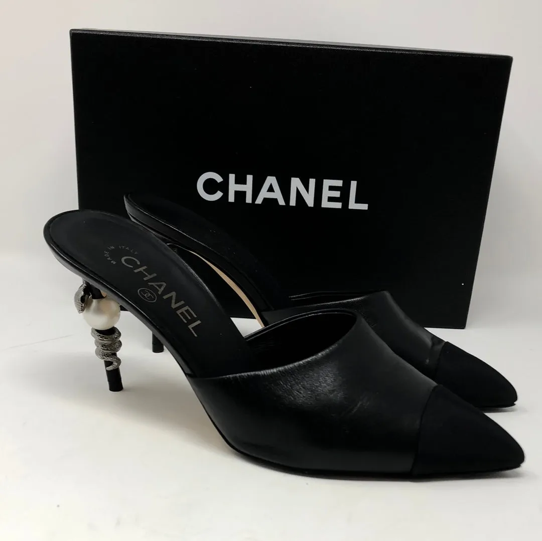Chanel Black Leather Mules with Snake and Pearl Heel