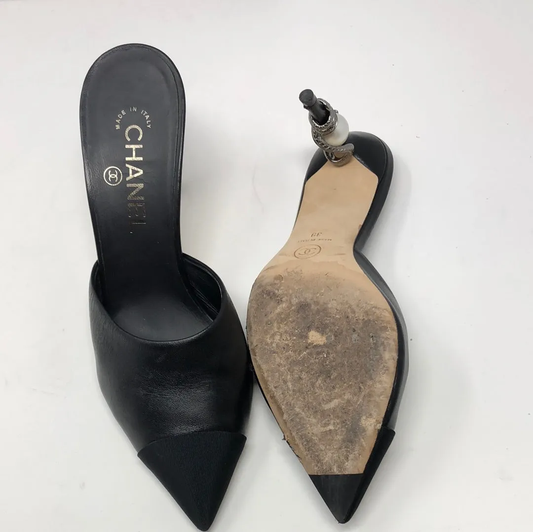 Chanel Black Leather Mules with Snake and Pearl Heel