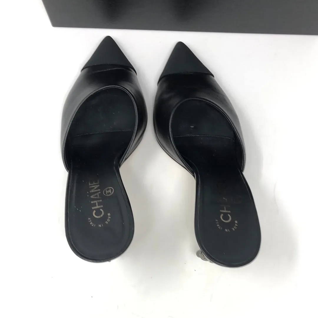 Chanel Black Leather Mules with Snake and Pearl Heel
