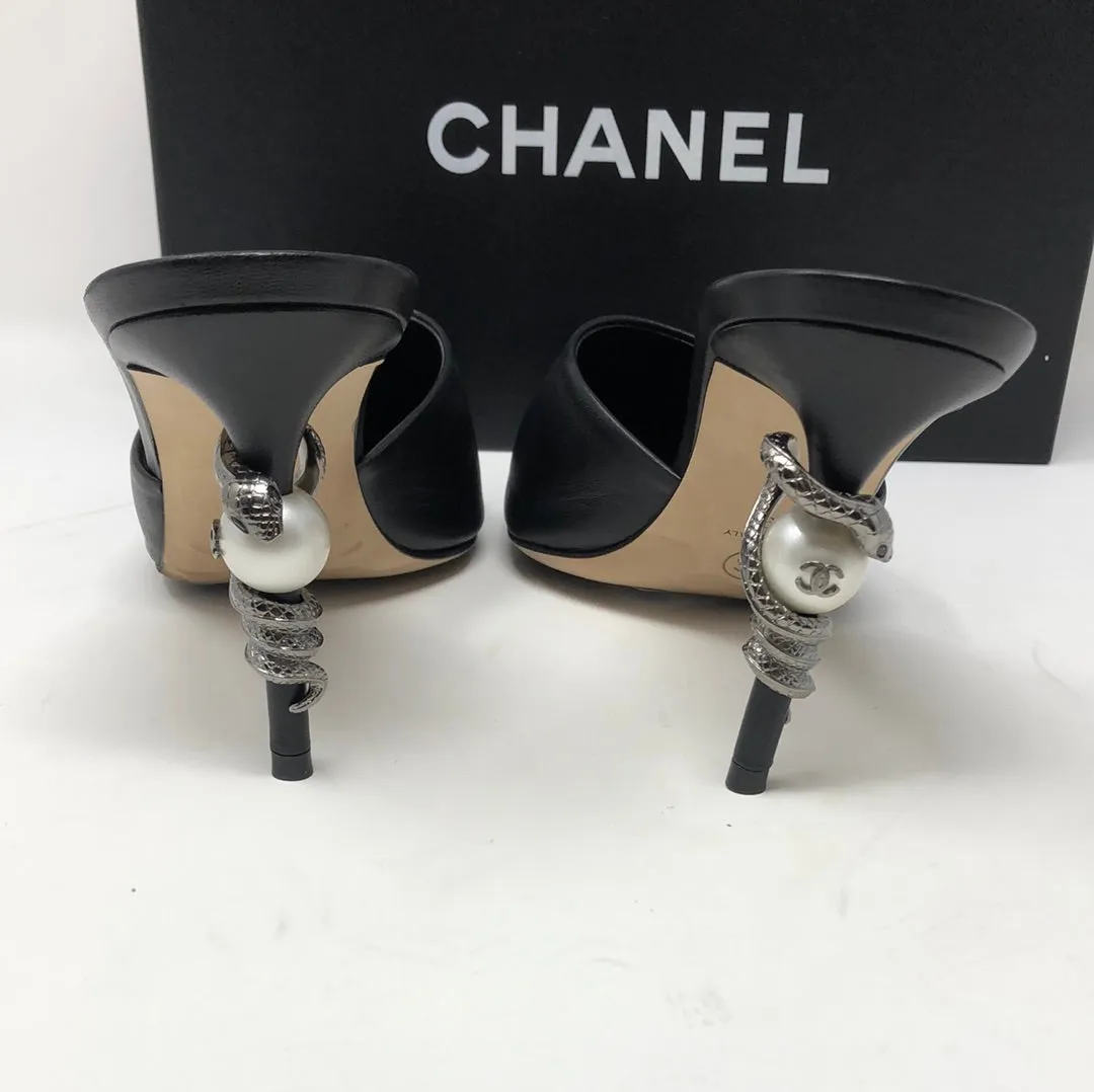 Chanel Black Leather Mules with Snake and Pearl Heel