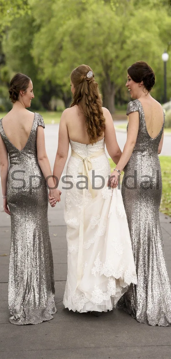 Charming Gray Sequin Mermaid Cap Sleeves Modest Bridesmaid Dresses WG795