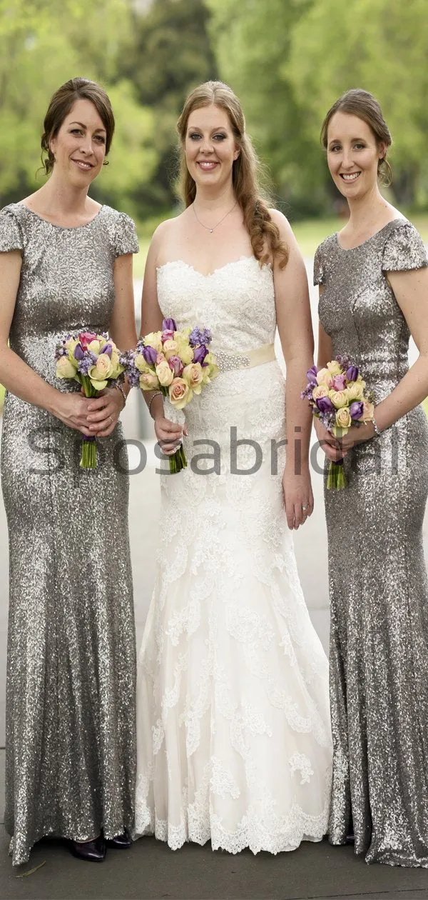 Charming Gray Sequin Mermaid Cap Sleeves Modest Bridesmaid Dresses WG795