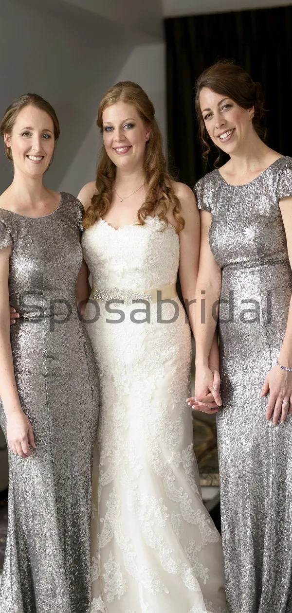 Charming Gray Sequin Mermaid Cap Sleeves Modest Bridesmaid Dresses WG795
