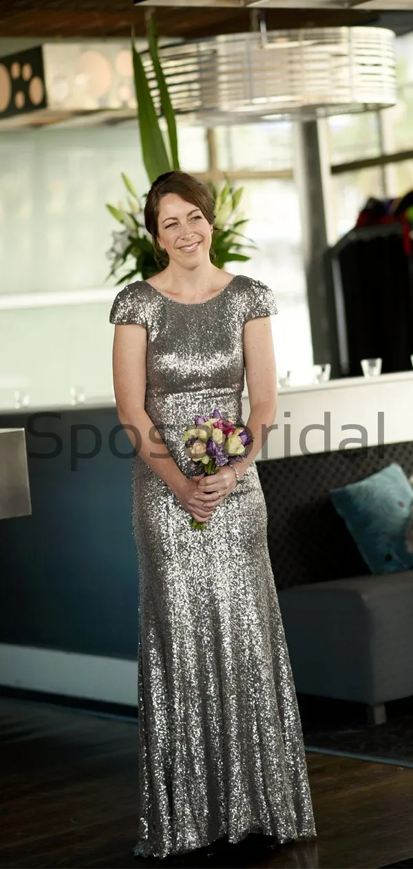 Charming Gray Sequin Mermaid Cap Sleeves Modest Bridesmaid Dresses WG795