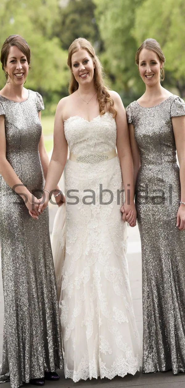Charming Gray Sequin Mermaid Cap Sleeves Modest Bridesmaid Dresses WG795