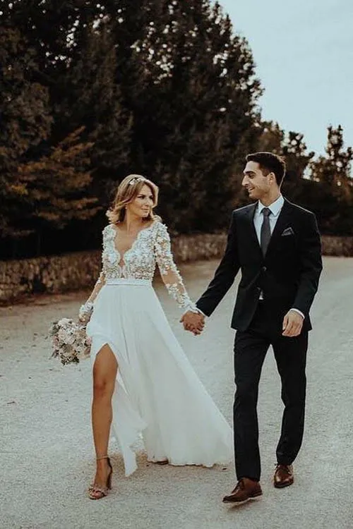 Chiffon A-line V-neck Side Slit Long Sleeves Wedding Dress with Flowers Appliques, SW284