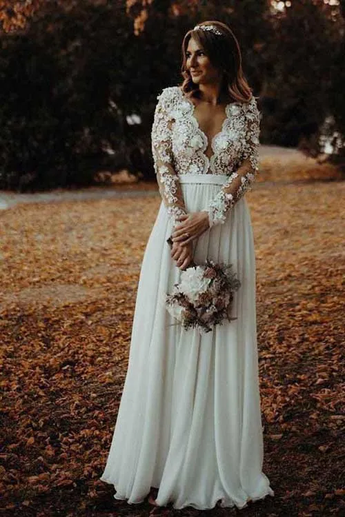 Chiffon A-line V-neck Side Slit Long Sleeves Wedding Dress with Flowers Appliques, SW284